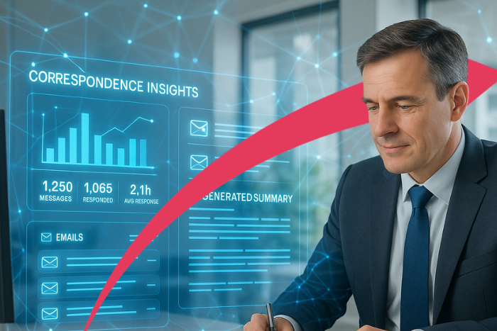 A professional reviewing digital correspondence insights generated by artificial intelligence, symbolizing AI workflow automation in government.