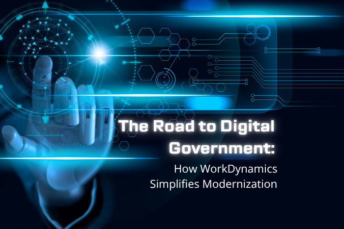 digital illustration showing a hand interacting with holographic data and network icons, symbolizing technology and automation in government modernization, with the title ‘The Road to Digital Government: How WorkDynamics Simplifies Modernization.