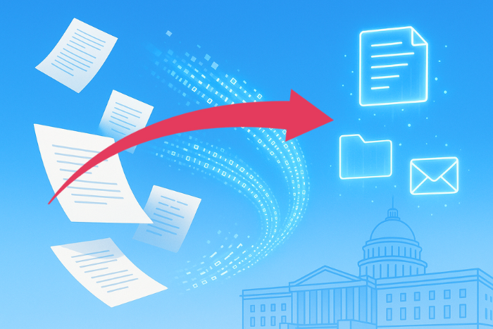 Paper documents transforming into digital data streams, symbolizing government digital transformation.
