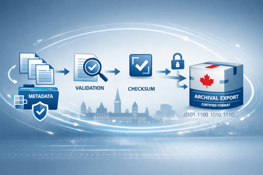 A minimalist blue-toned illustration depicting a secure Canadian government records management workflow. On the left, document and metadata folder icons flow into a validation symbol, followed by a simplified checksum icon. Arrows lead to a padlock symbol and then to a certified archival export box marked with a subtle red maple leaf. A faint digital grid and stylized Parliament Hill skyline appear in the background, conveying trust, governance, and audit-ready compliance.