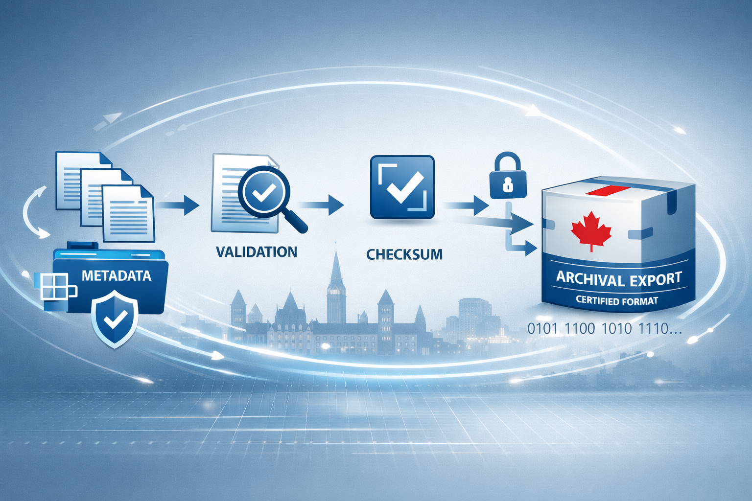 A minimalist blue-toned illustration depicting a secure Canadian government records management workflow. On the left, document and metadata folder icons flow into a validation symbol, followed by a simplified checksum icon. Arrows lead to a padlock symbol and then to a certified archival export box marked with a subtle red maple leaf. A faint digital grid and stylized Parliament Hill skyline appear in the background, conveying trust, governance, and audit-ready compliance.