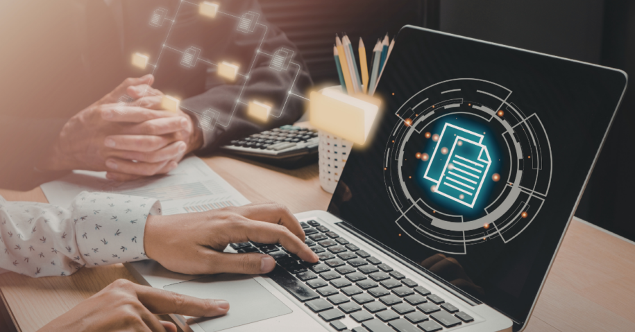 Business professionals working on a laptop with a digital AI interface displaying automated document workflow and file management icons.