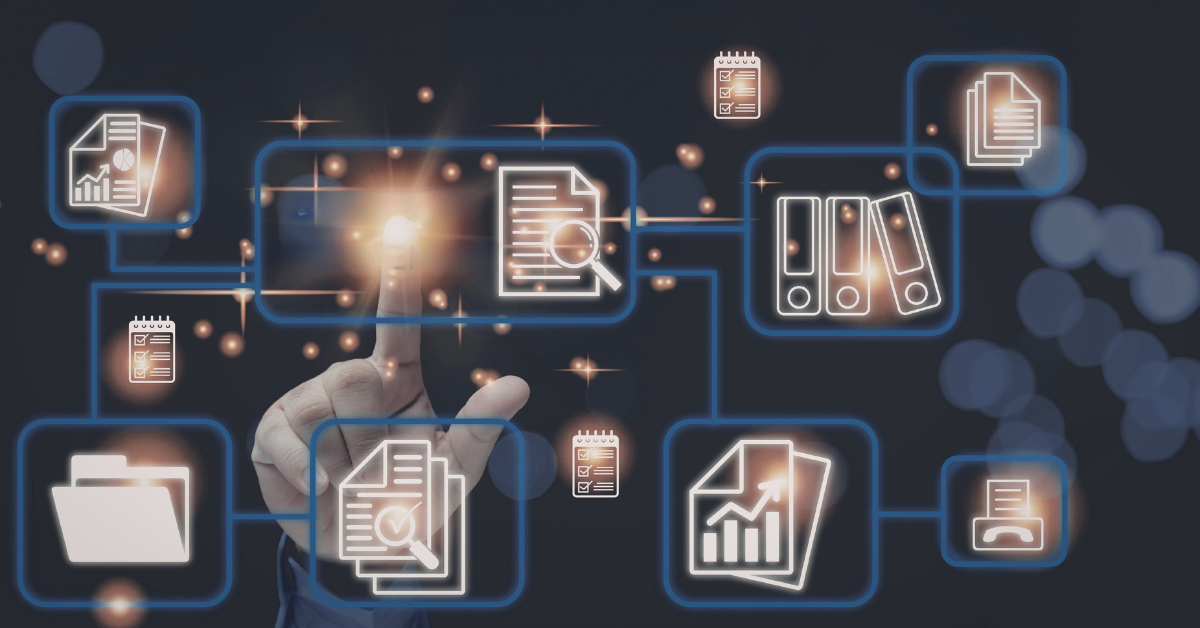 Digital illustration of a case management system with interconnected document, folder, analytics, and checklist icons surrounding a glowing central file.