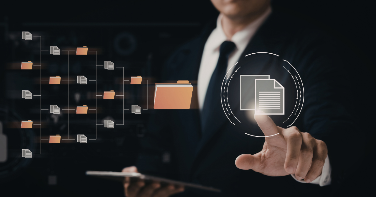 Business professional interacting with a digital document management interface showing connected folders and files in a workflow automation system.