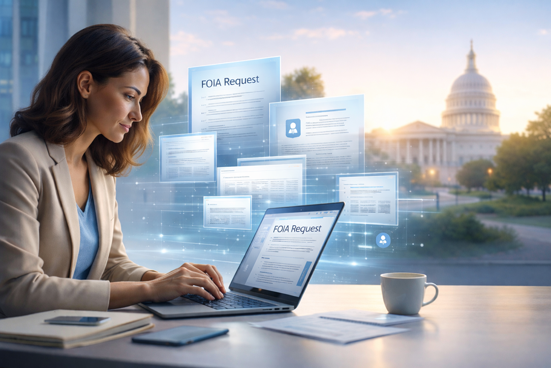 Professional submitting a FOIA request on a laptop with digital documents displayed and the U.S. Capitol in the background