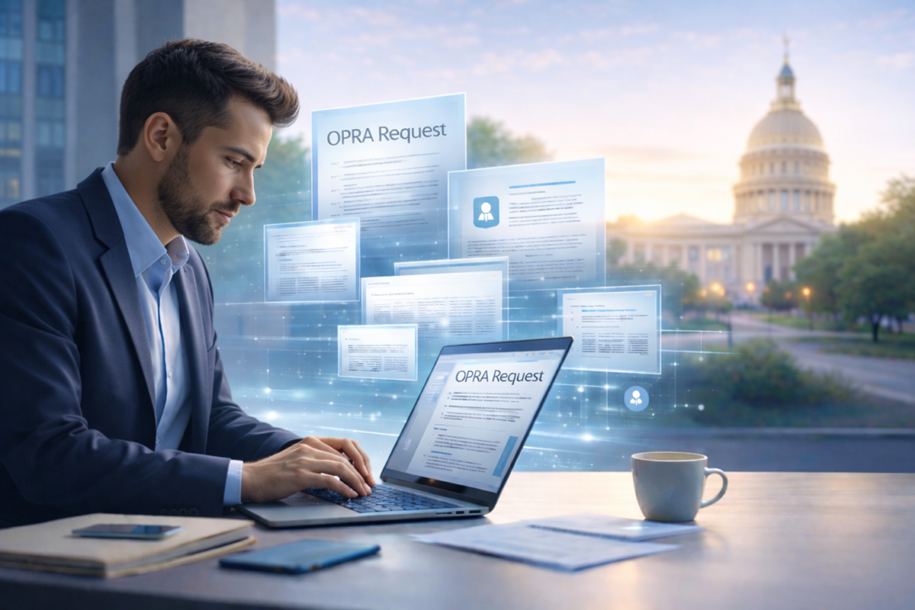 A professional man in a suit works on a laptop displaying an OPRA request, surrounded by glowing digital documents with a government building in the background.
