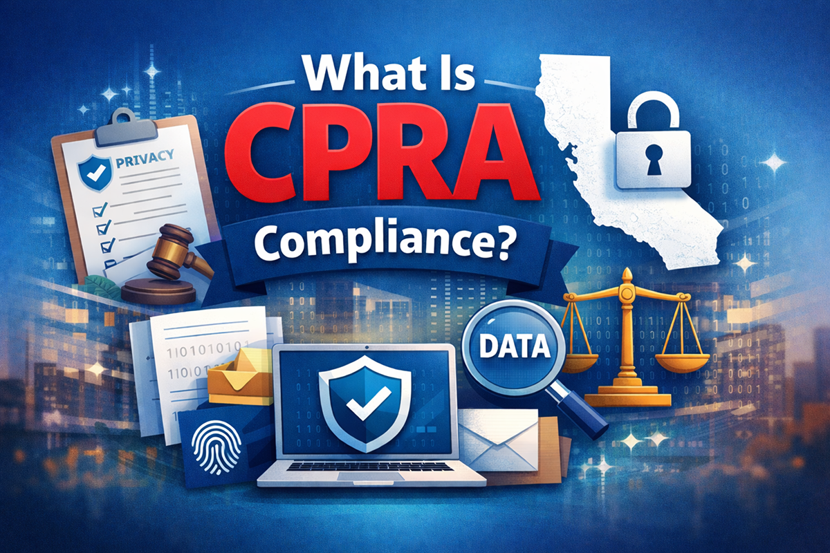 Illustration for a CPRA compliance blog post showing red “CPRA” text, privacy paperwork, a California outline with a padlock, a laptop with a security shield, a magnifying glass over “DATA,” and scales of justice on a blue digital city background.