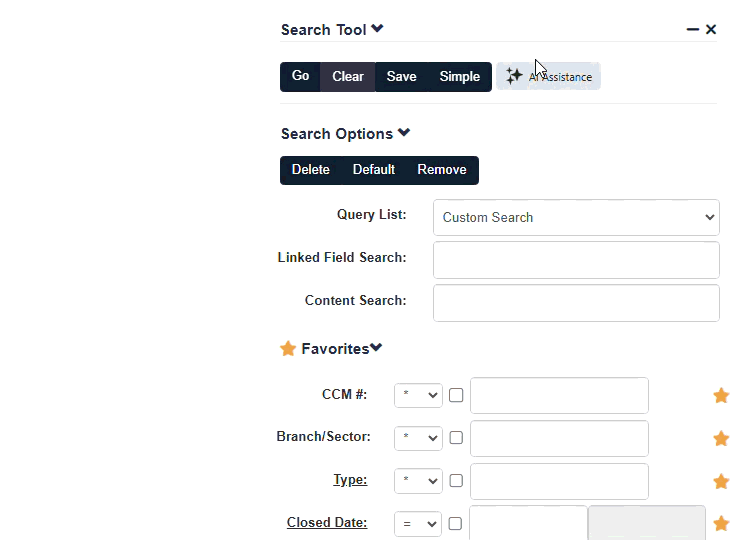 AI-assisted Search Tool in ccmEnterprise v5.5, showing a plain-language search being built automatically