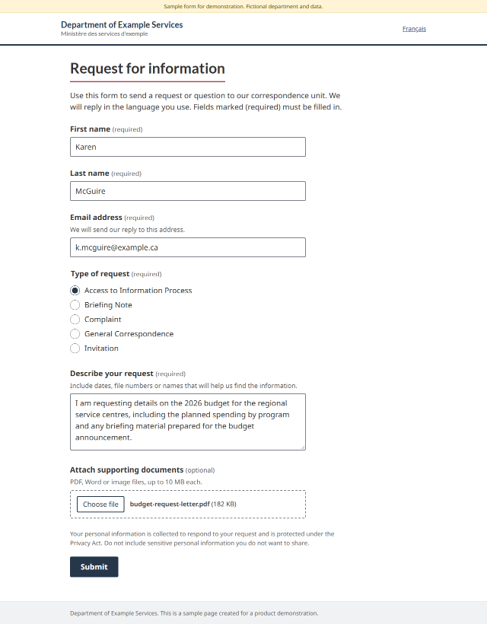 Completed sample “Request for information” web form with an access to information request and one attached PDF, ready to submit.